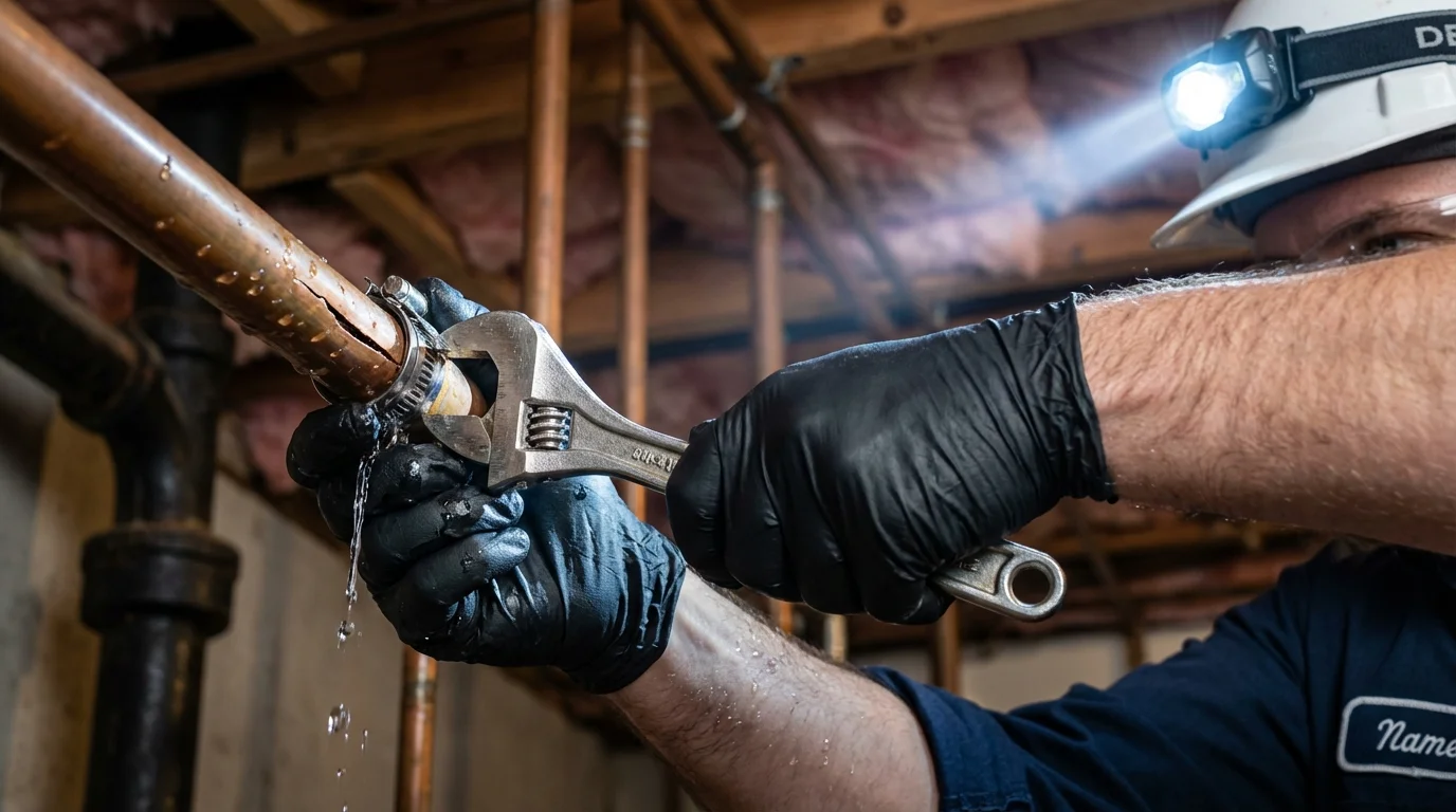 Emergency pipe clamp repair being performed by a Johns Plumbing LLC plumber in Huntley
