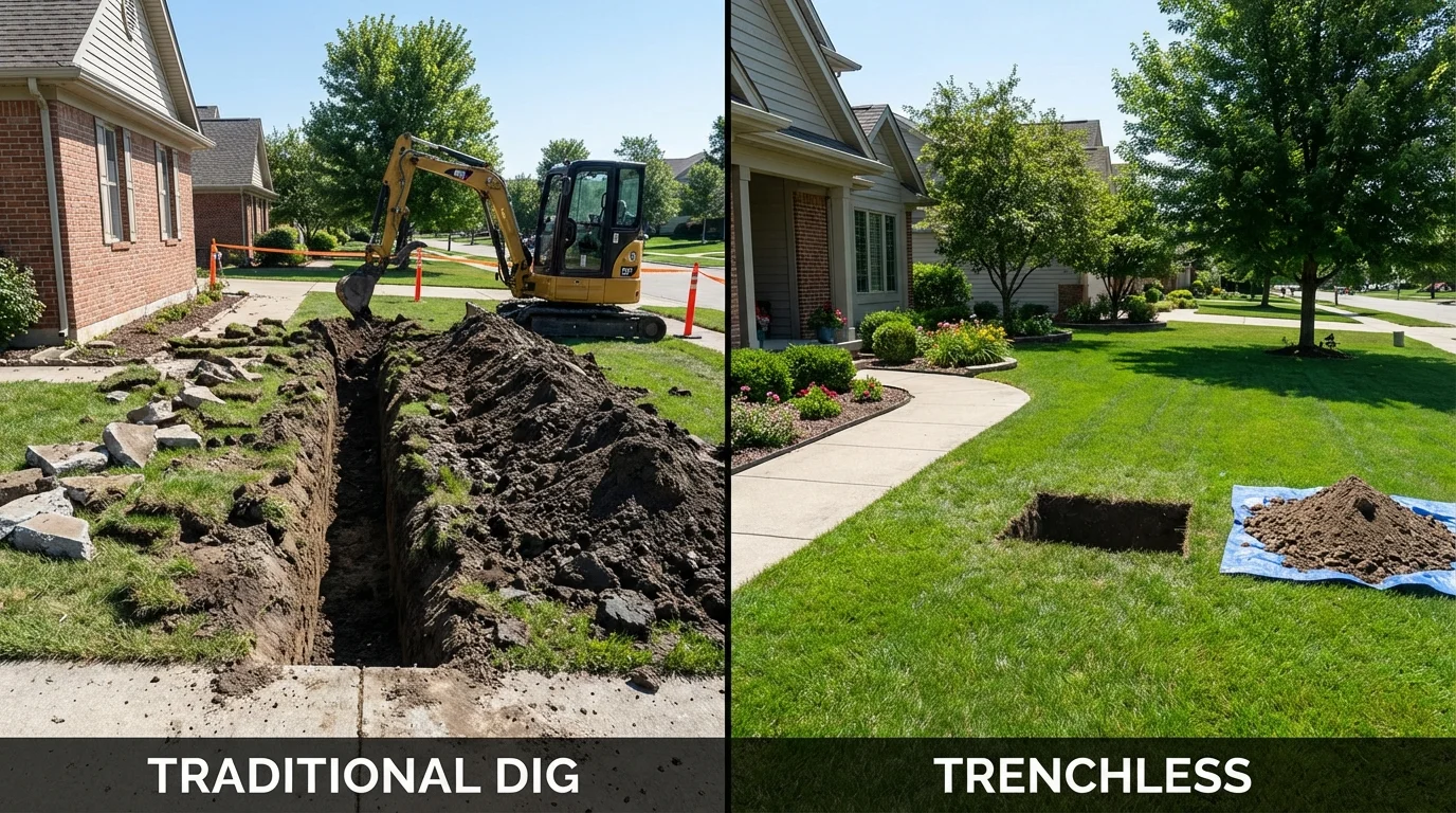 Trenchless sewer repair with minimal yard damage versus traditional excavation in Huntley, IL