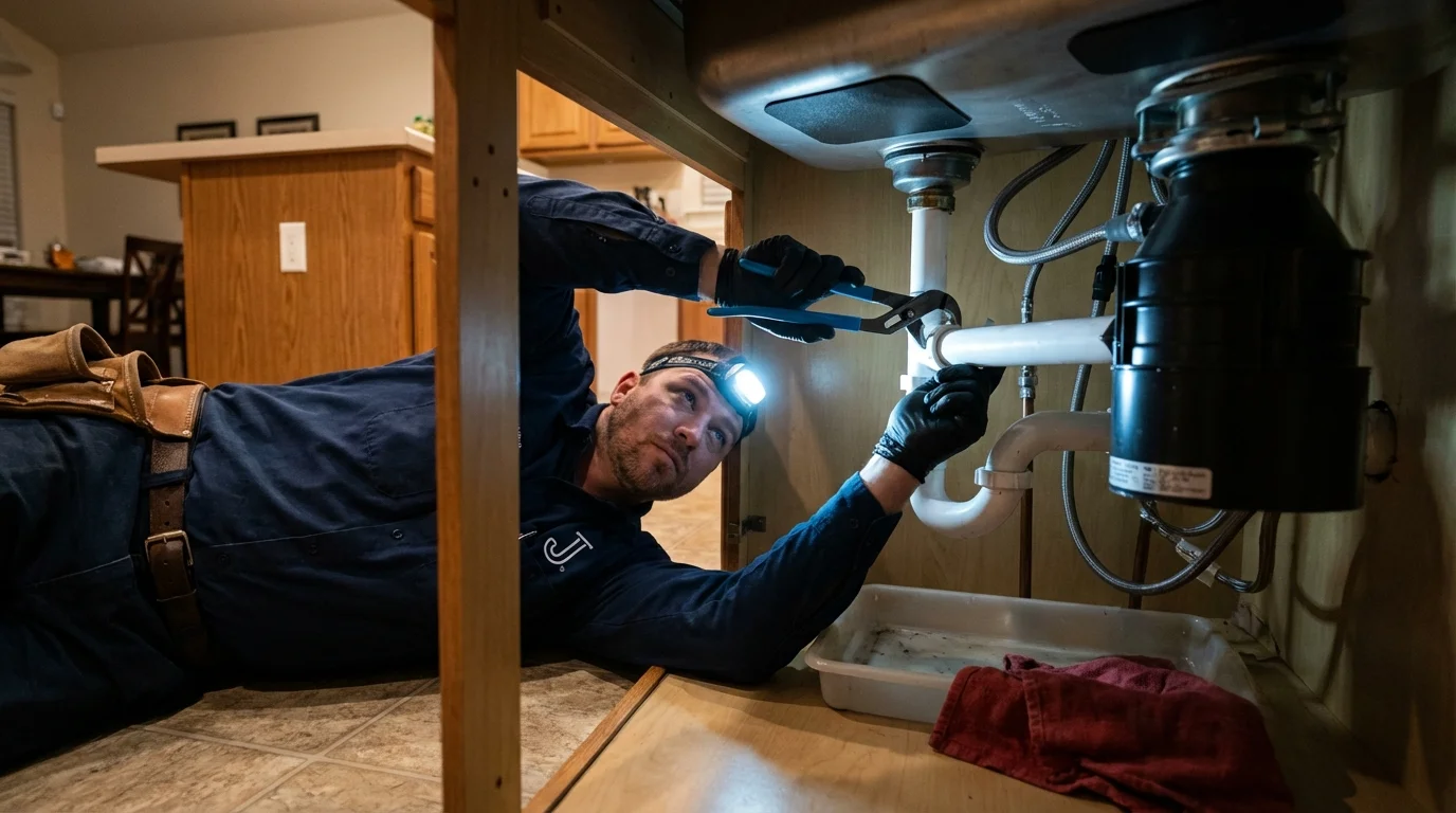 P-trap and supply line connections under a kitchen sink showing a common leak point in Huntley, IL
